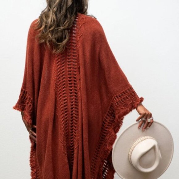New Bohemian Knit Brown Fringe Poncho Ruana Cardigan Sweater Hippie Top - Picture 3 of 5